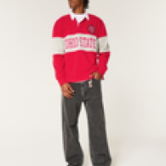NWT Hollister Men's OHIO STATE BUCKEYES Long Sleeve Rugby Polo Boxy Fit Shirt-SM - Picture 2 of 2